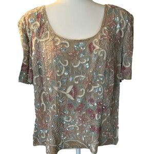 Adrianna Papell Vintage 80s Silk Embellished Pastel Sequin Blouse Size 16